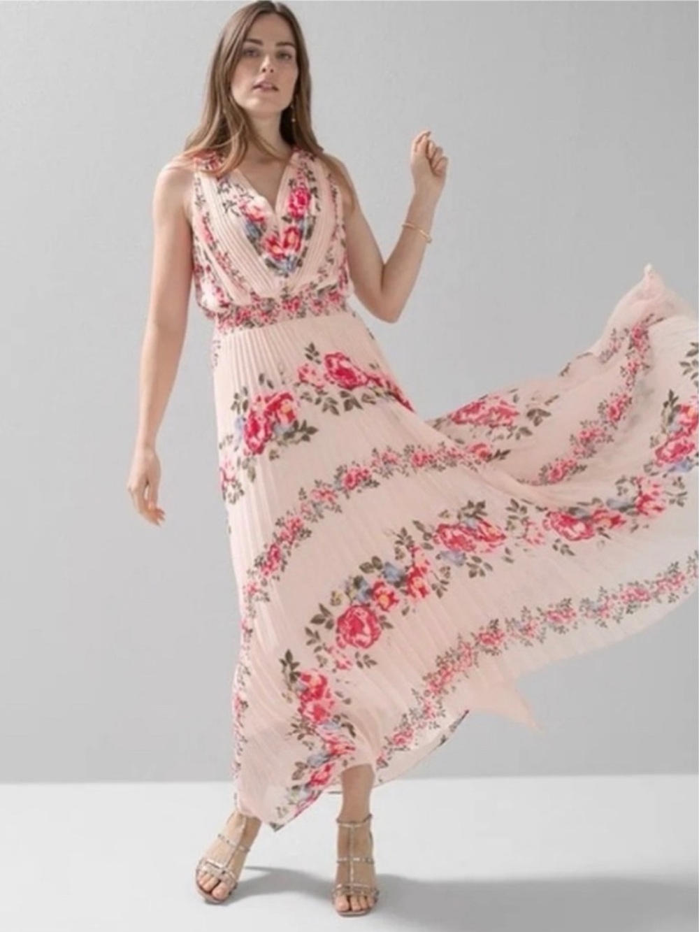 White House Black Market Floral Pleated V-Neck Midi Dress